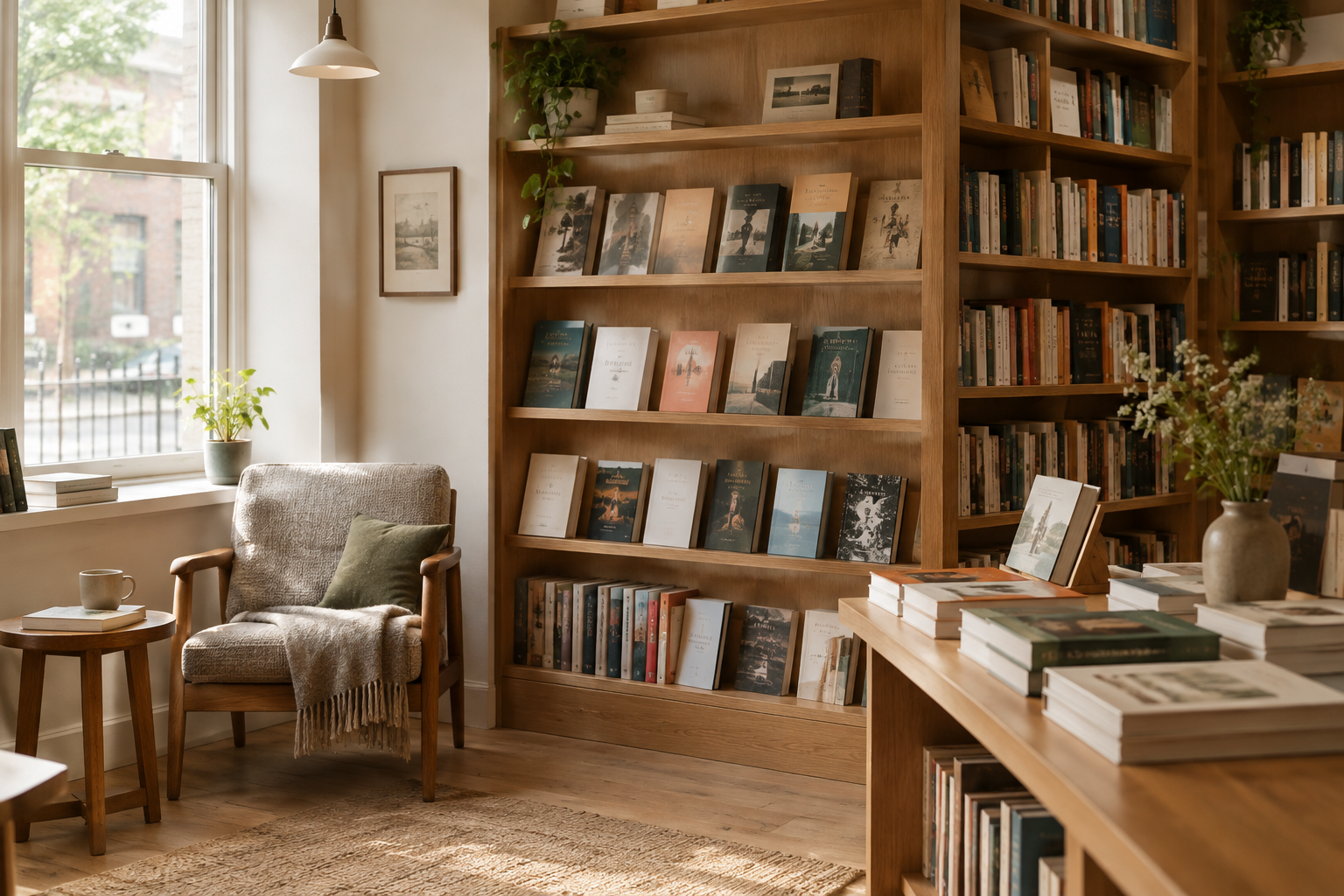 Sunlit independent bookshop interior with wooden shelves, face-out curated titles, and a calm reading corner