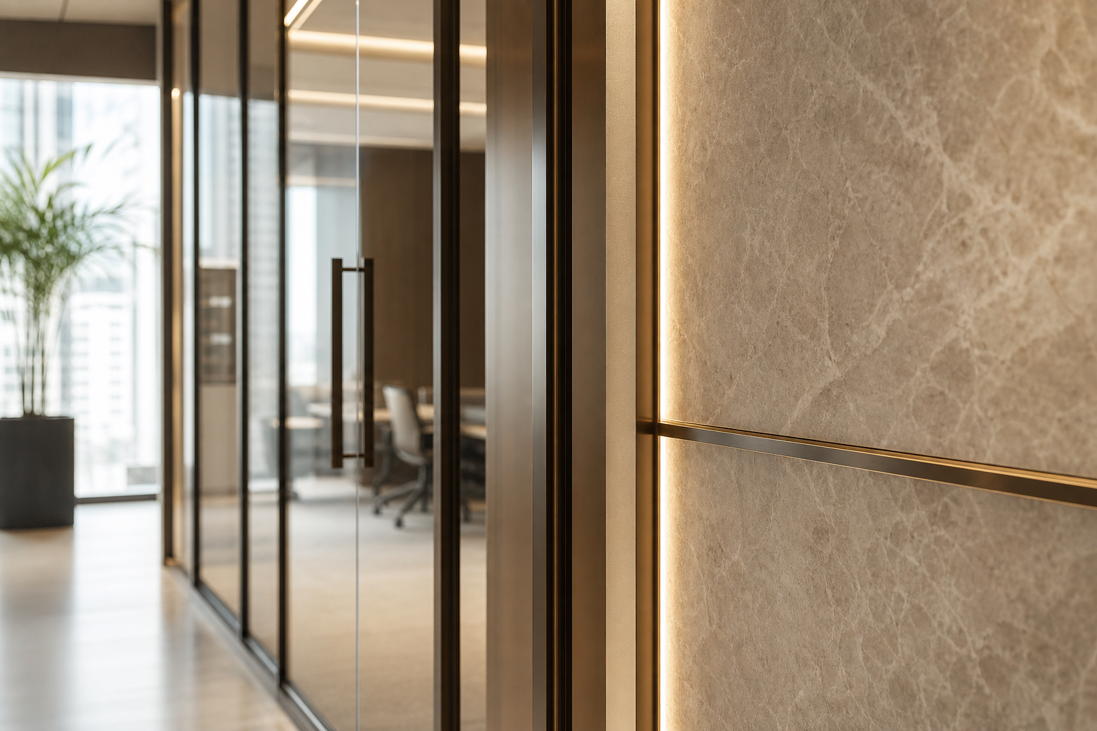 Detalhe arquitetônico de escritório corporativo com linhas modernas, vidro e iluminação natural suave