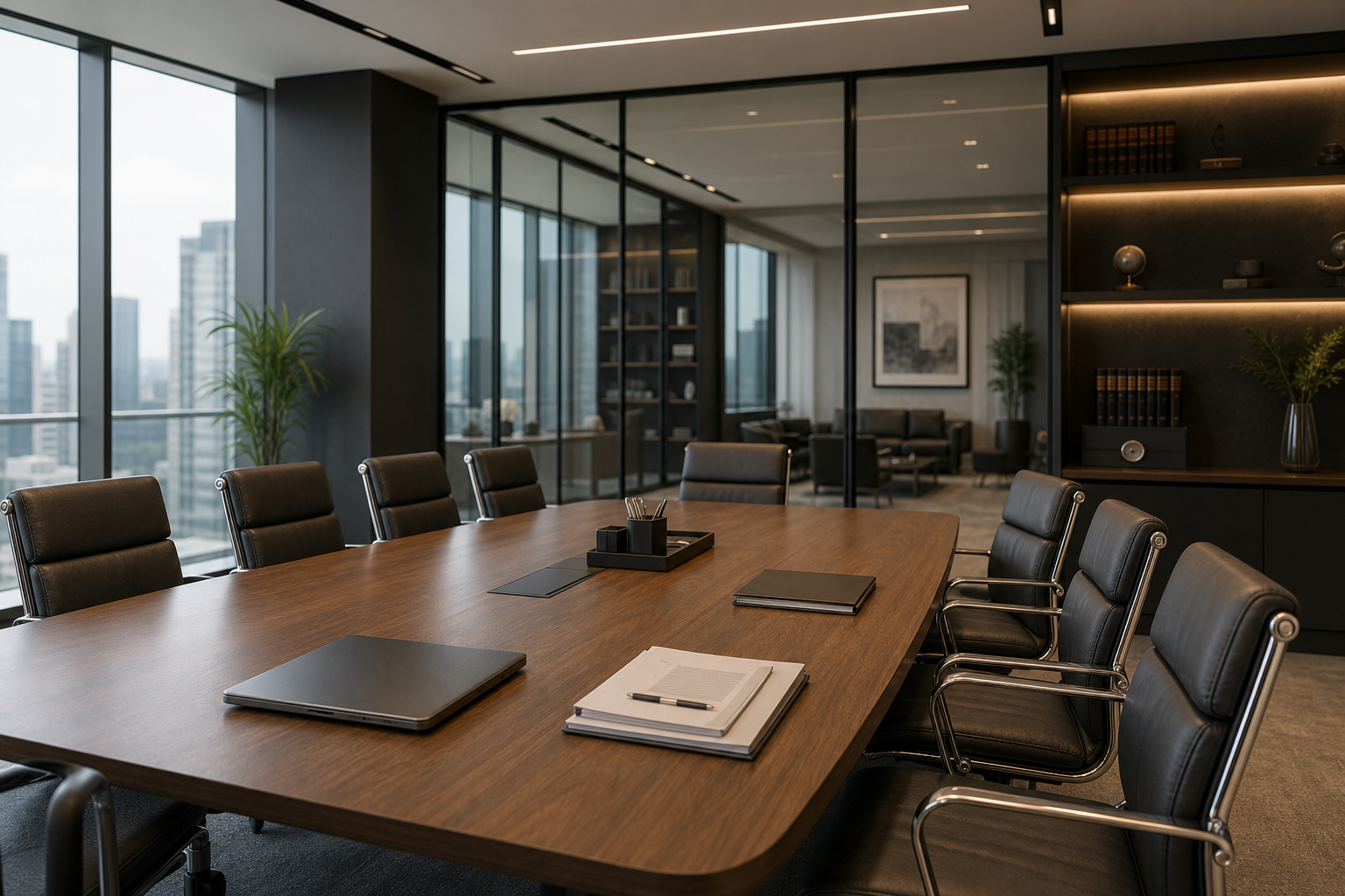 Refined corporate legal office with an executive meeting table, glass partitions, and elegant architectural lines