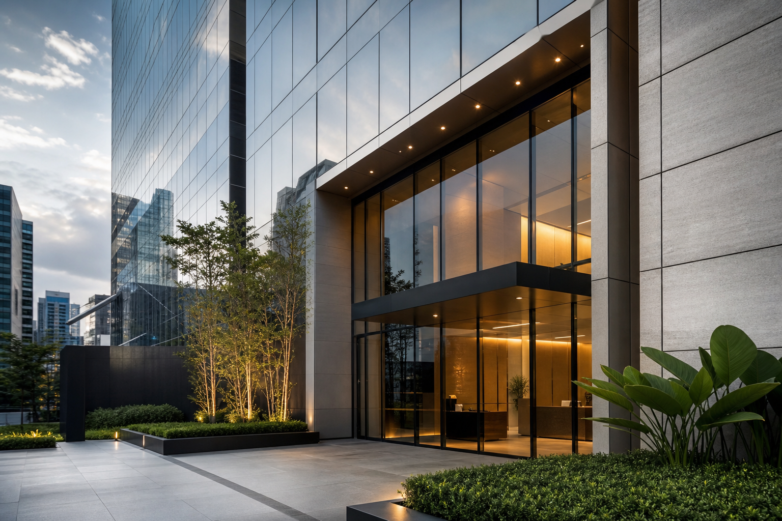 Arquitetura corporativa brasileira refinada com atmosfera executiva de escritório jurídico