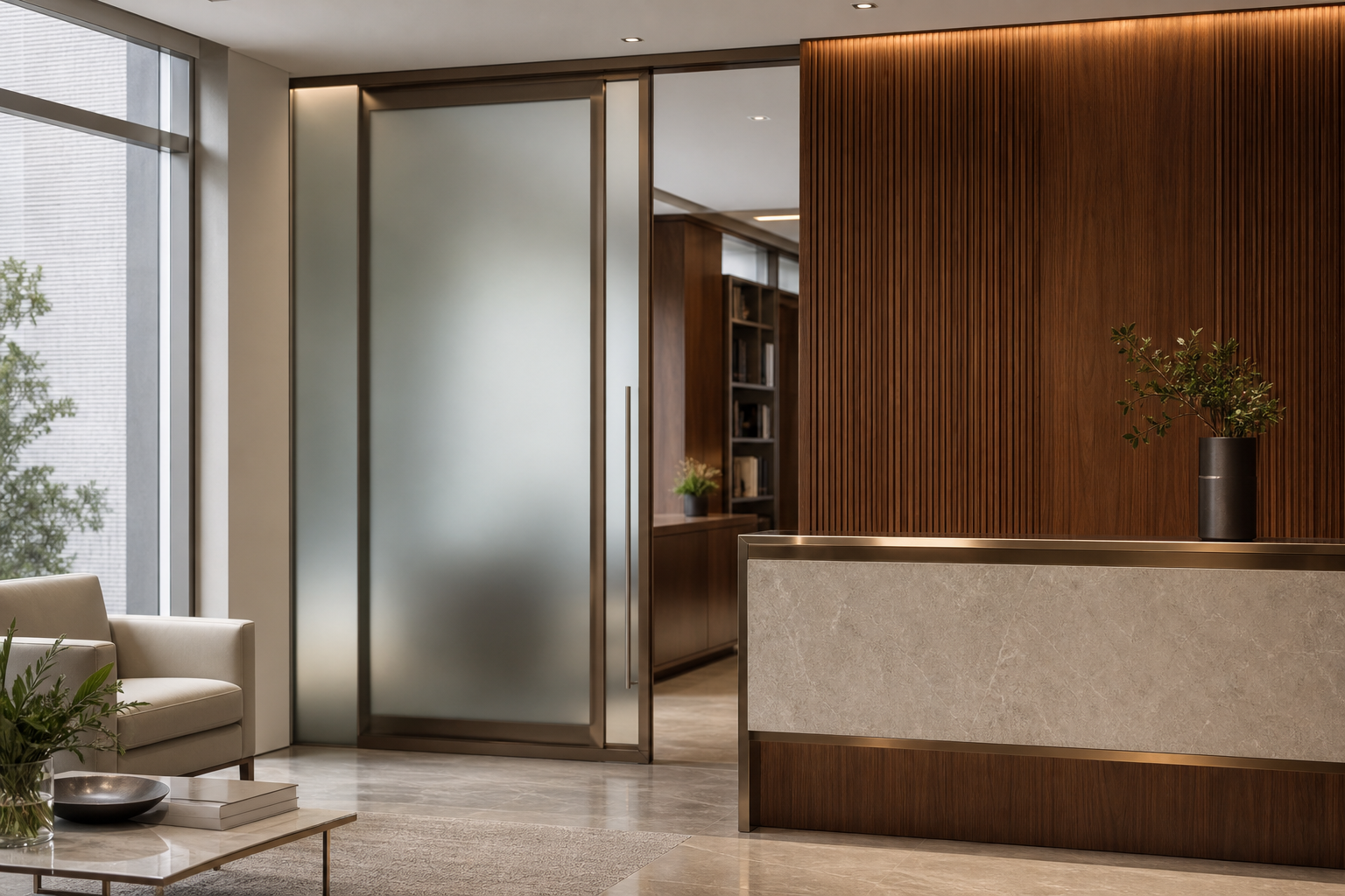 Elegant legal-office interior detail with wood paneling, glass partition, and soft natural light