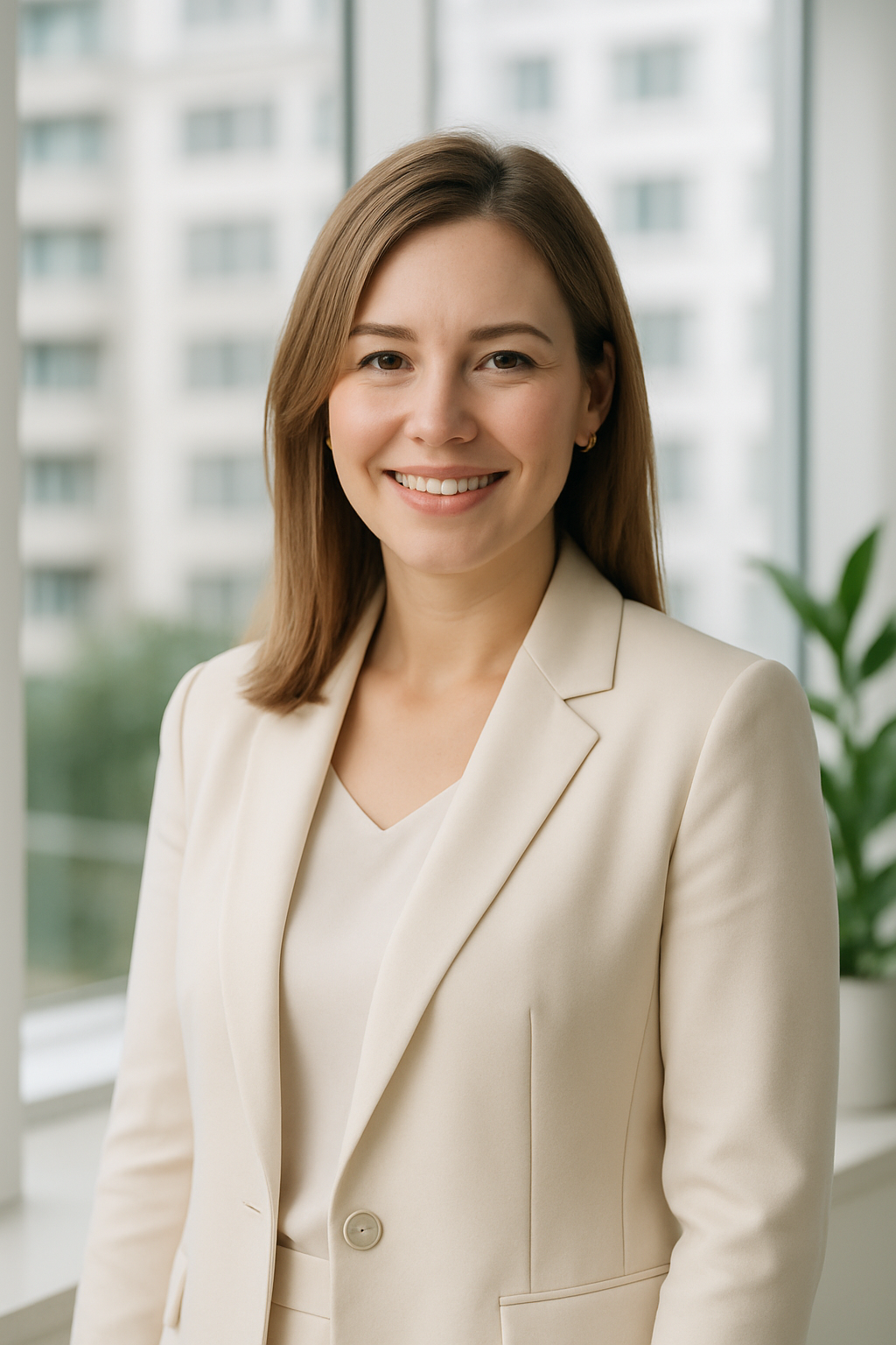 Olha Melnyk, Kyiv real estate advisor, in a bright modern office