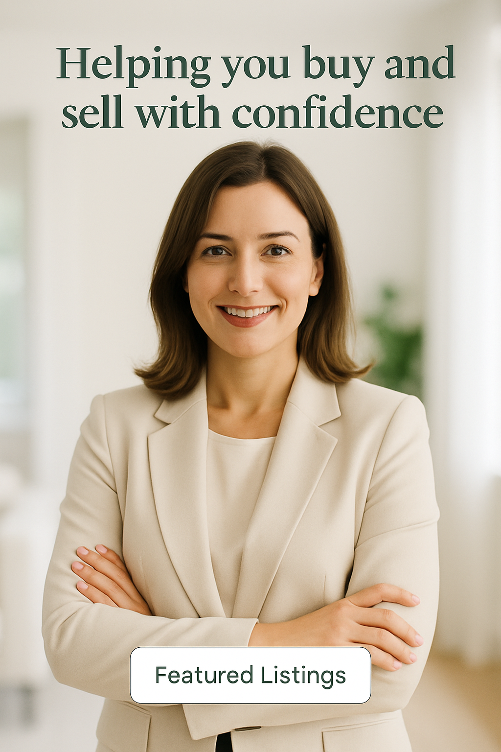 Portrait of Olha Melnyk, Kyiv real estate agent, smiling warmly in a modern bright interior