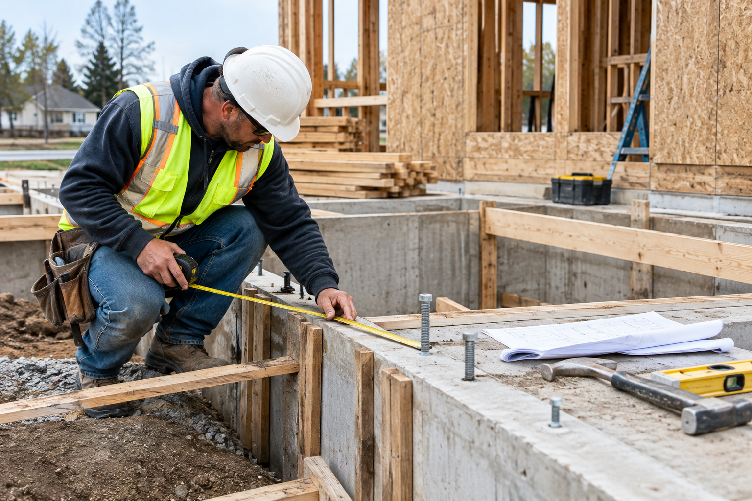 Contractor reviewing foundation formwork and structural framing details on an active construction site