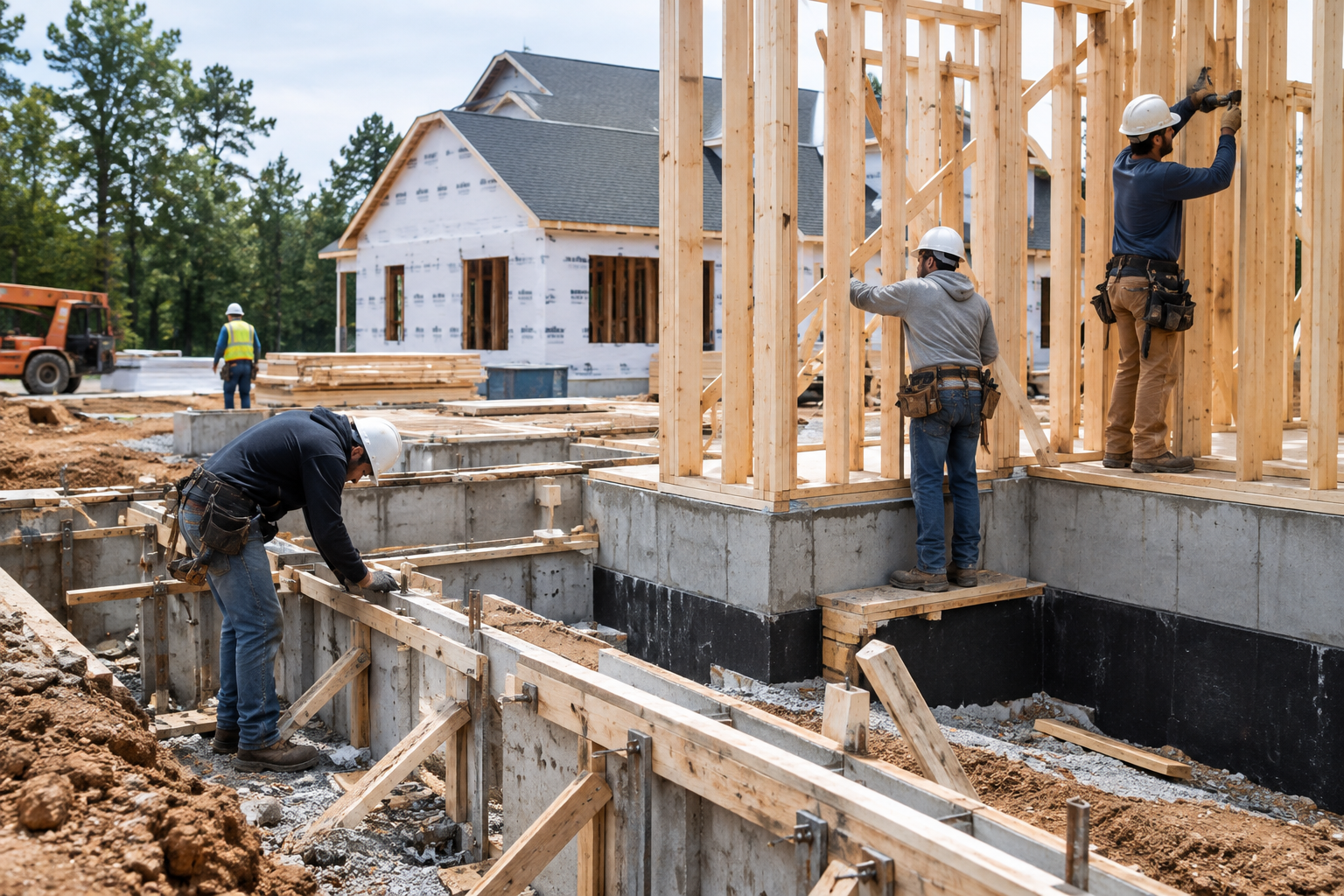 Experienced construction crew working on structural framing and foundation formwork at an active job site
