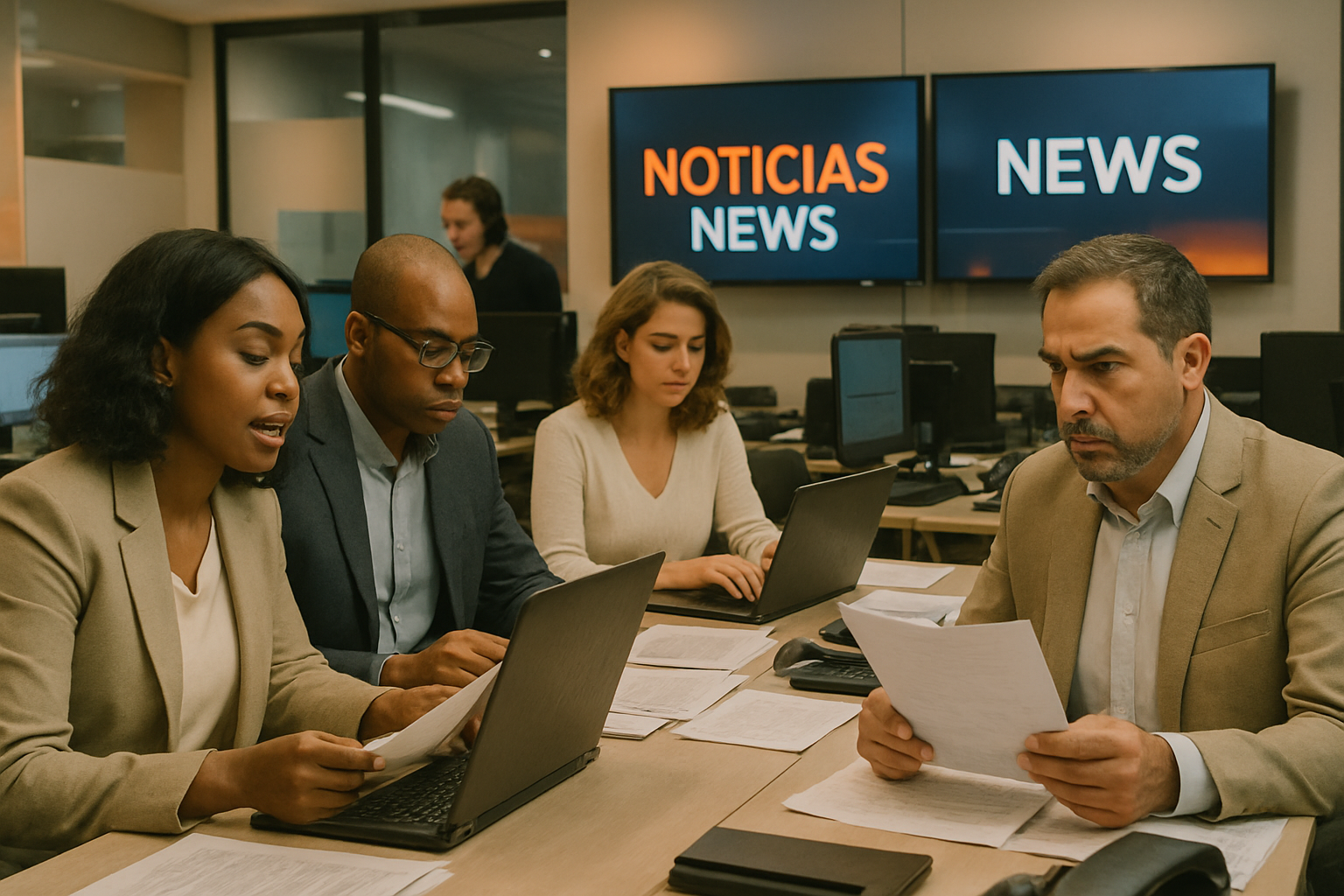 Editorial team in a modern news studio preparing bilingual broadcasts
