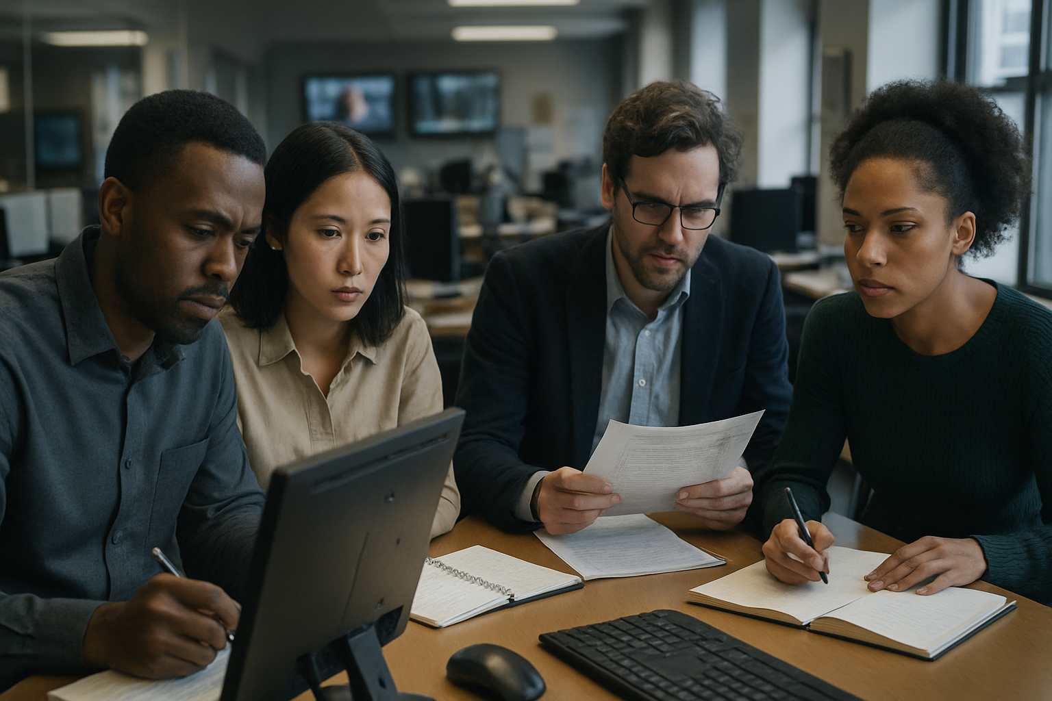 Journalists verifying reports in a modern newsroom