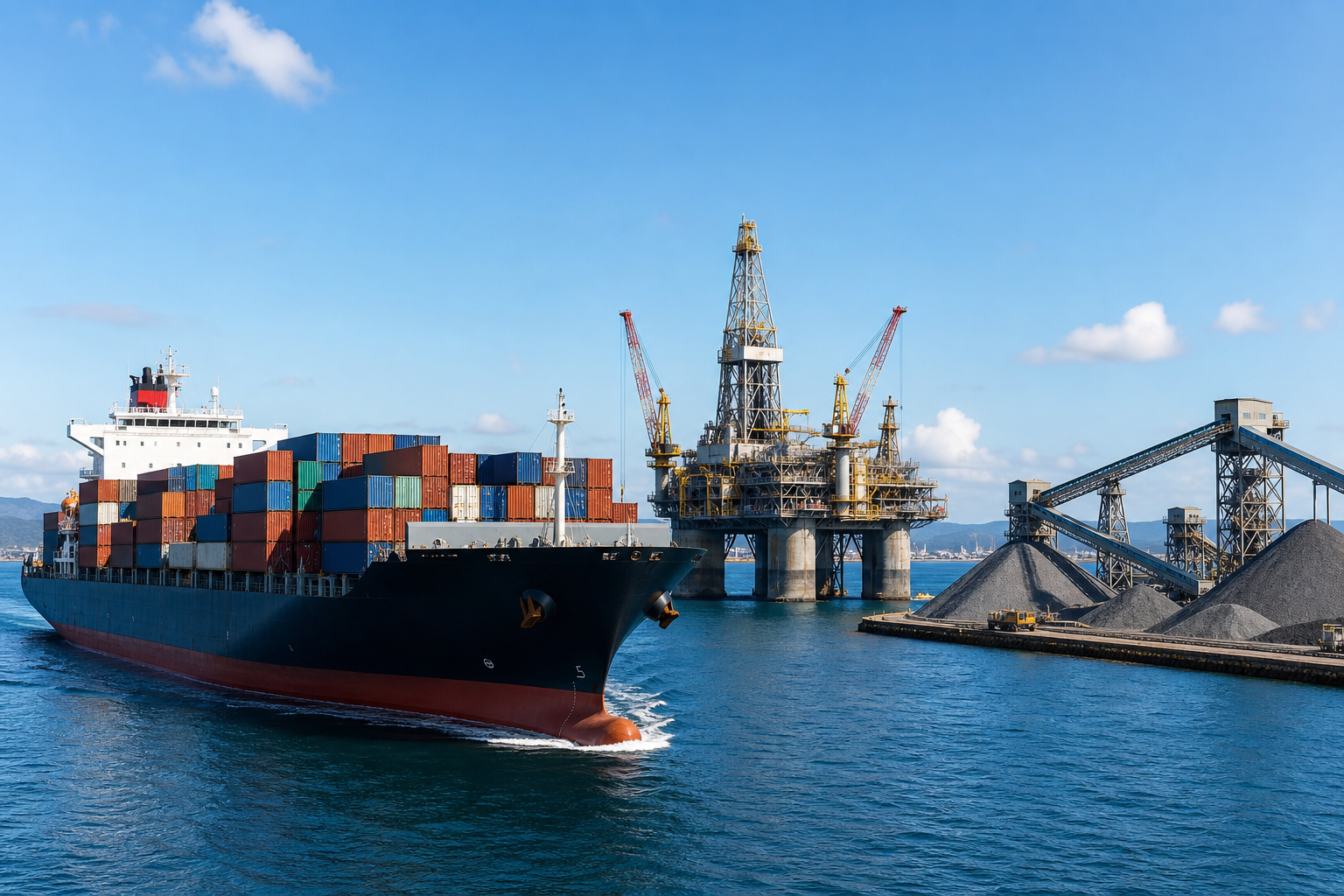 Cargo vessel with stacked containers sailing past an offshore platform and bulk material conveyors under a clear sky