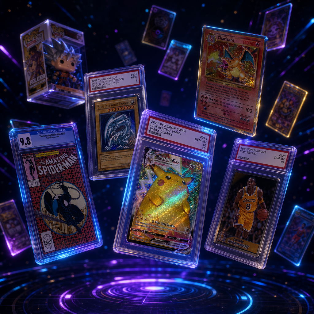Floating trading cards and collectible slabs with neon edges over a dark sci-fi background