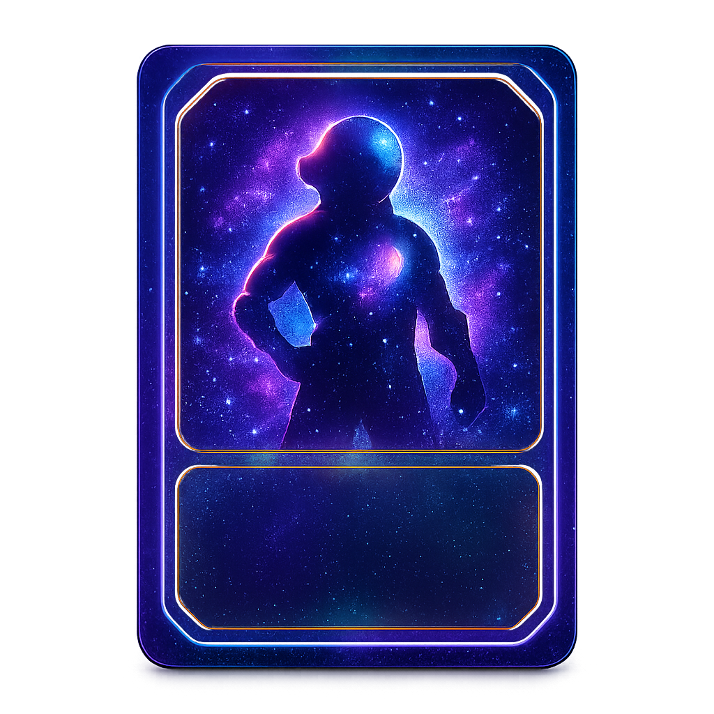Holographic trading card with neon border and cosmic character art