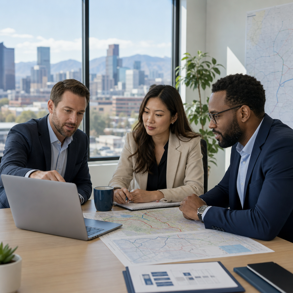 Consulting team reviewing supply chain plans in a modern Denver office