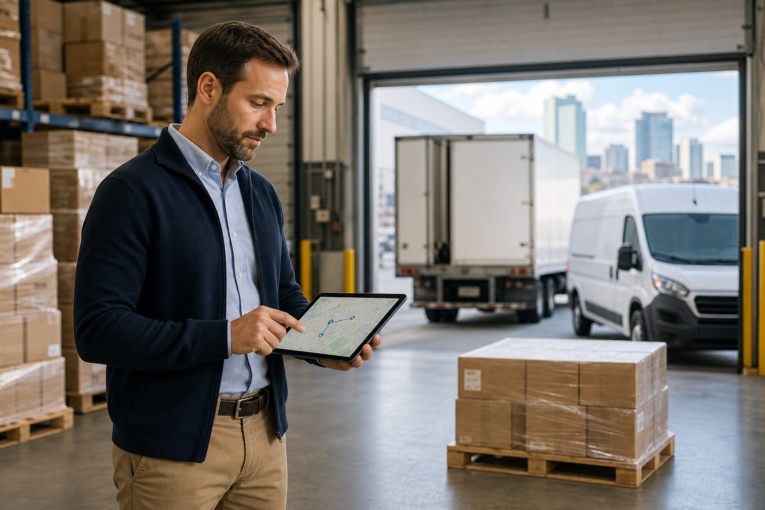 Logistics control scene with a manager reviewing shipment routes on a tablet beside a warehouse bay and delivery vehicles