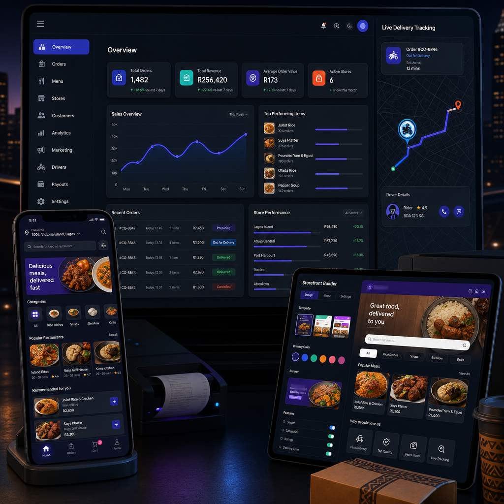 Product-style dashboard visual showing branded storefront ordering, delivery tracking map, merchant controls, and growth analytics for an African food delivery business