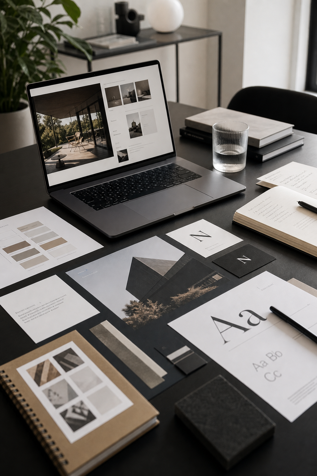 Tall premium studio scene with curated design layouts, brand notes, and a laptop during a creative agency process review