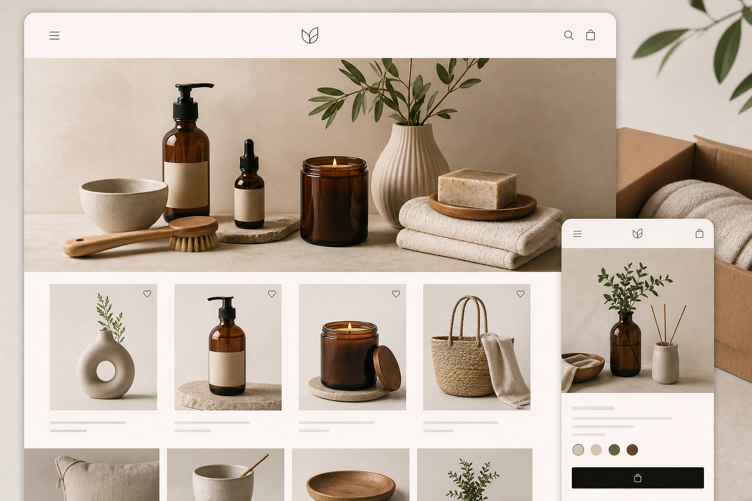 Lifestyle e-commerce storefront featuring warm product photography, curated collections, and premium cart-to-checkout journey