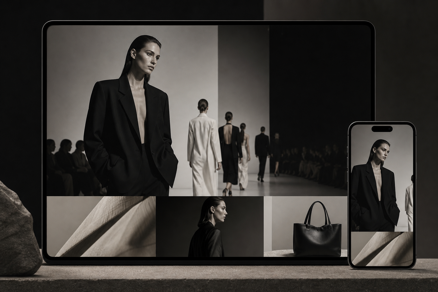 Editorial homepage for a luxury fashion brand relaunch with monochrome palette, bold typography, and immersive campaign imagery