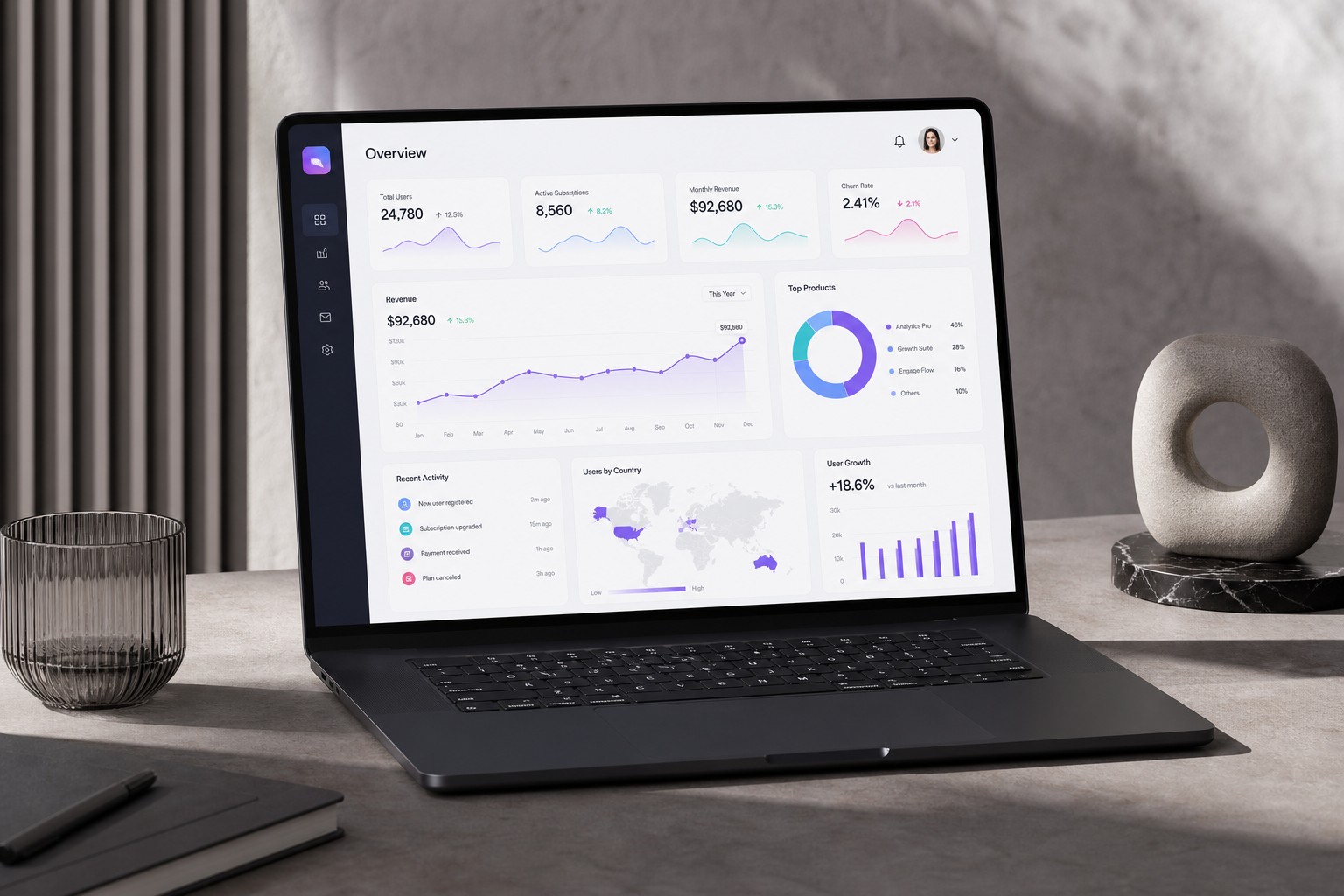 Modern SaaS marketing website interface with product dashboard visuals, bright accent highlights, and conversion-focused layout