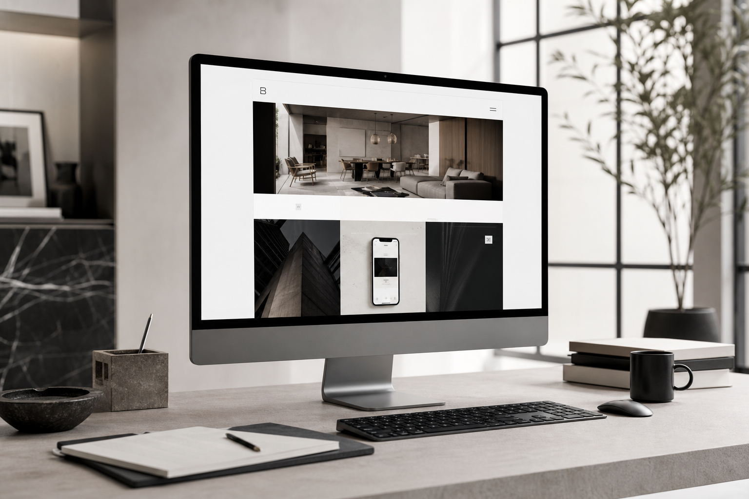 Wide desktop website mockup displayed in a refined modern studio setting