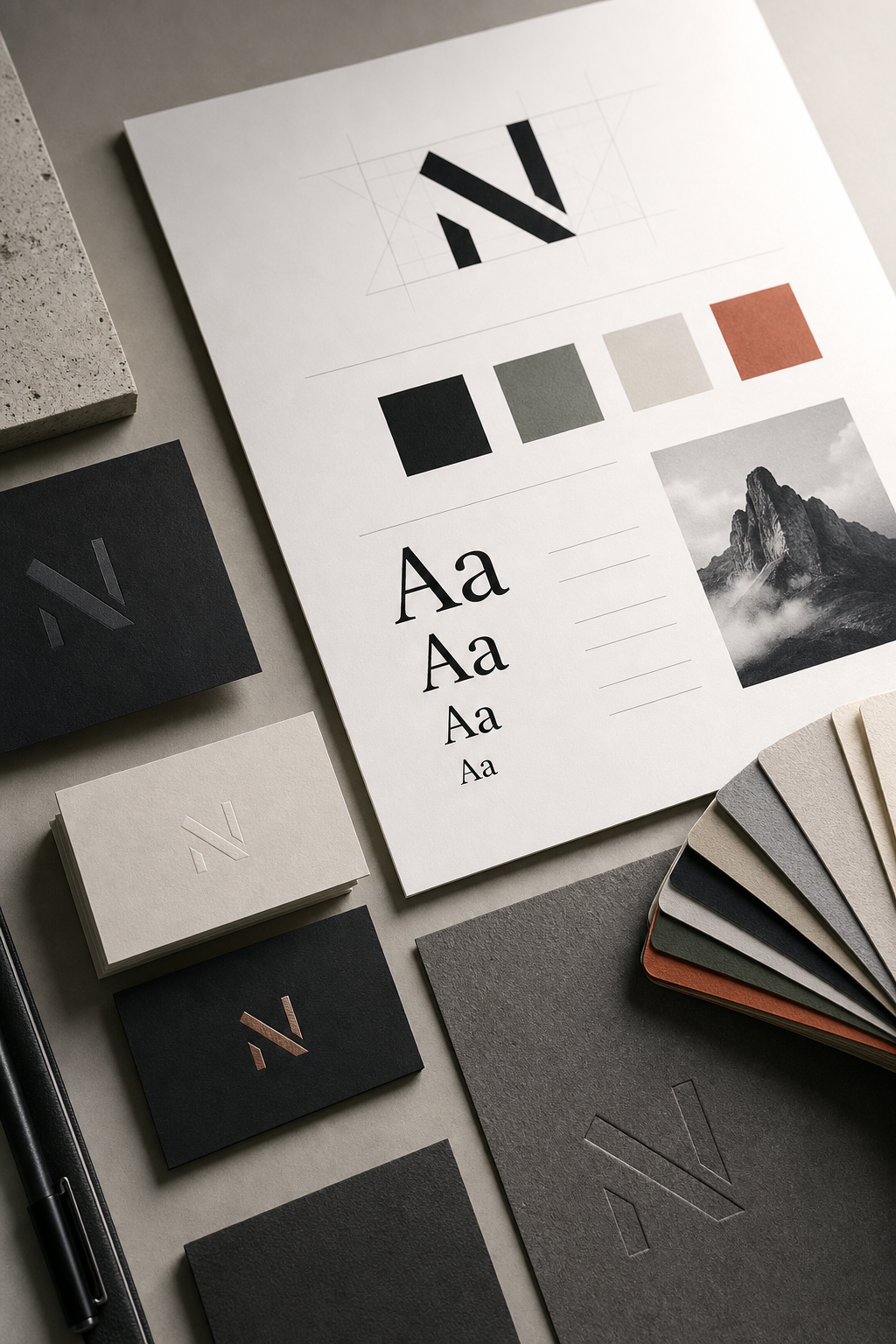 Vertical branding board with typography specimens, color swatches, and stationery details