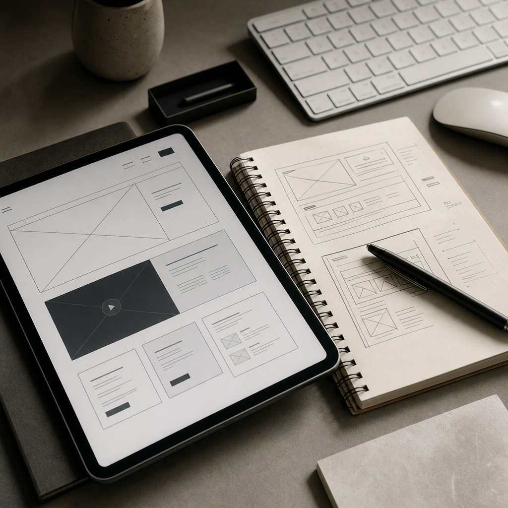 Close-up creative workspace scene with tablet interface, sketch notes, and design tools
