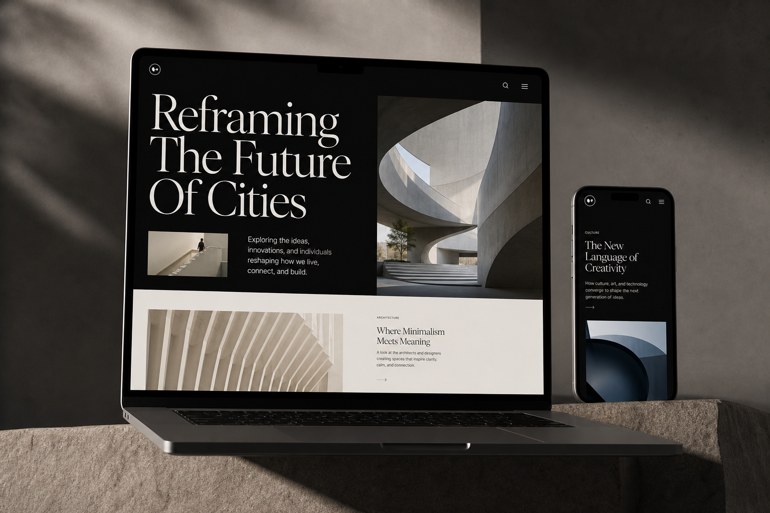 Common Form editorial platform preview with bold typography, longform storytelling modules, and grid-based cover art