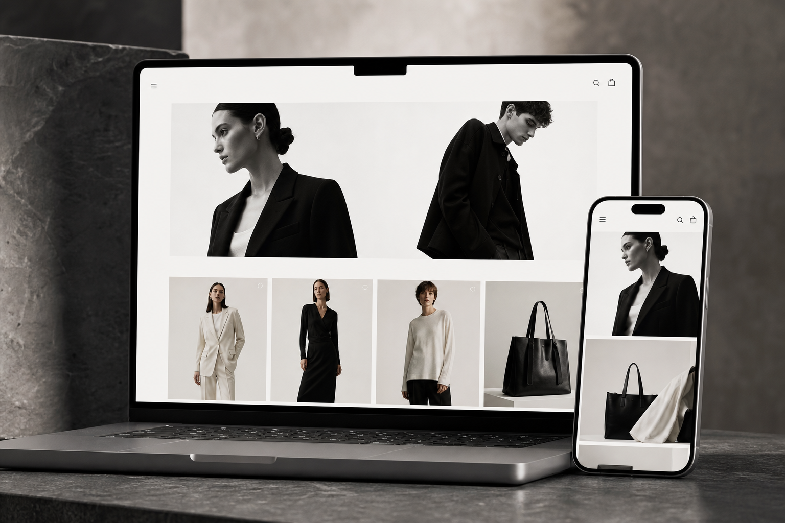 Lune Atelier fashion website project preview with monochrome campaign photography and clean product layout