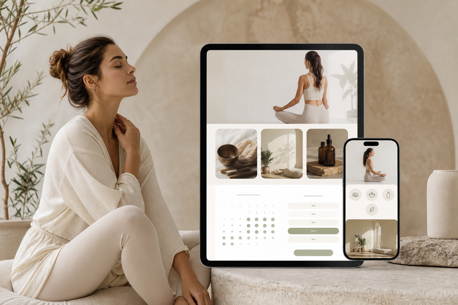 Kindred Wellness website preview with calming tones, mobile booking flow, and lifestyle portrait imagery