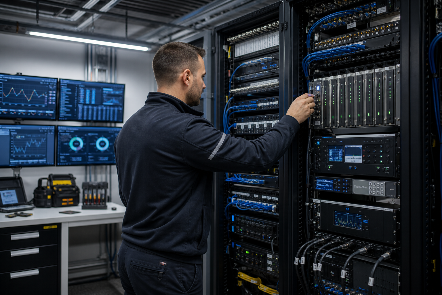 Field technician working in a modern infrastructure room with network racks, signal monitoring screens, and organized cabling