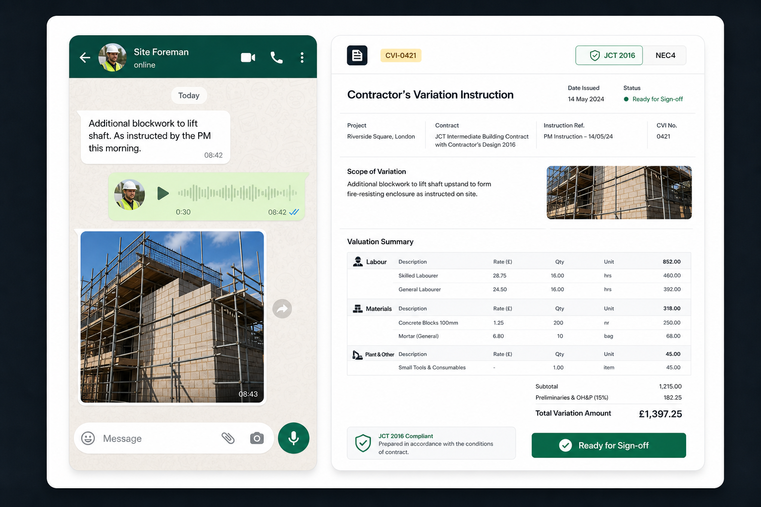 Product mockup showing a WhatsApp voice note and site photo transforming into a clean, costed CVI variation document