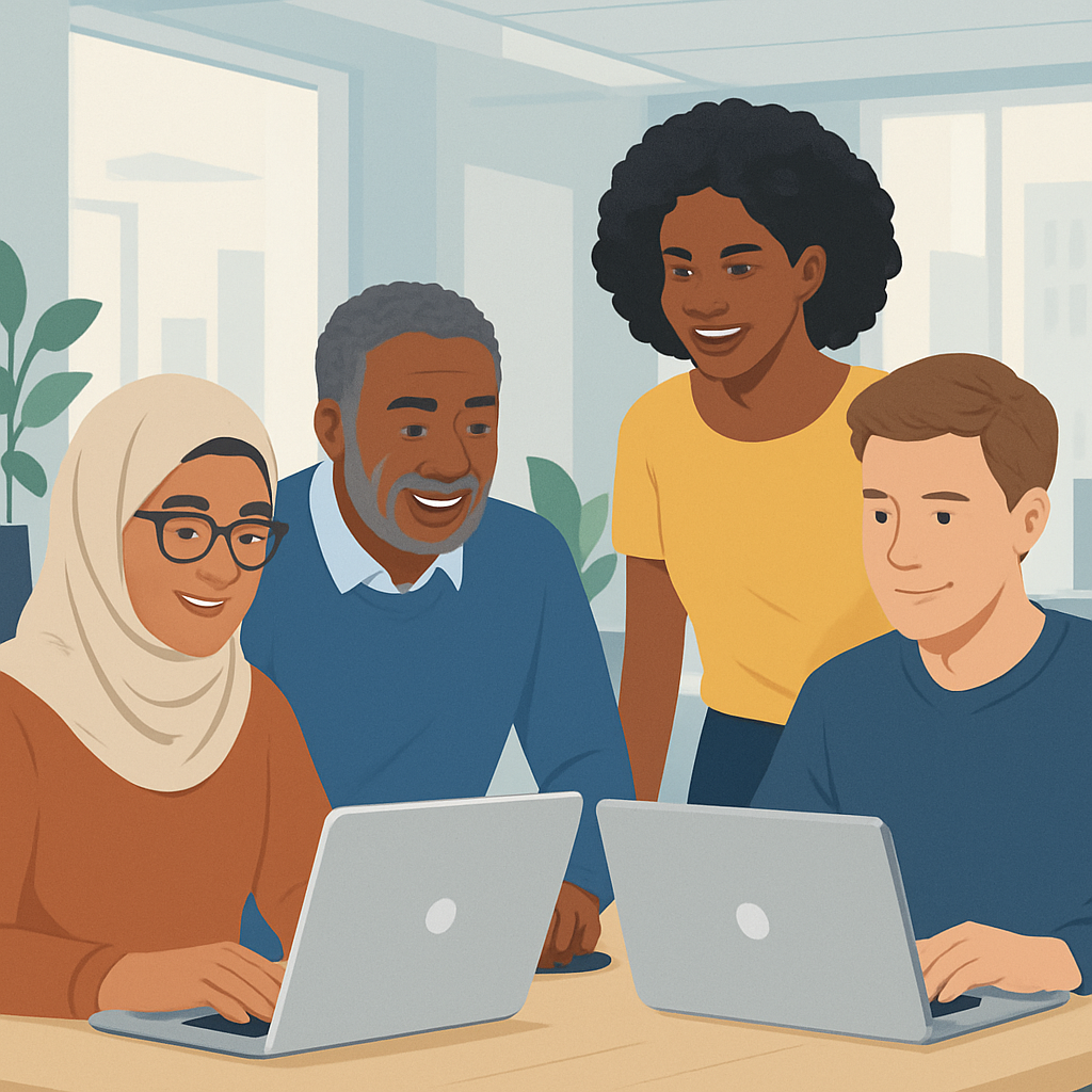 People working together on computers, representing IT collaboration