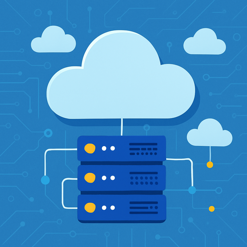 Cloud computing illustration with servers and cloud icons, modern flat style