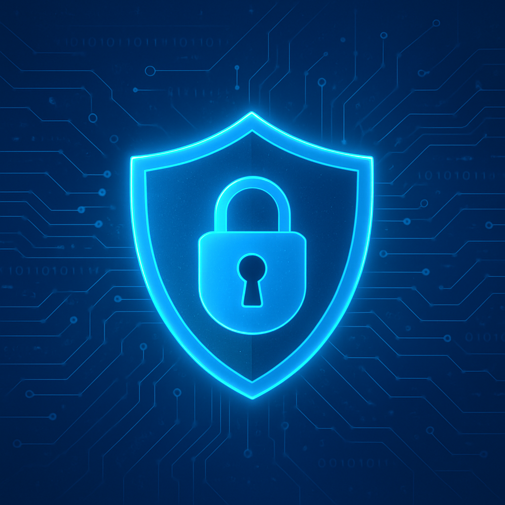 Visual of cybersecurity with shield and digital lock, symbolizing protection