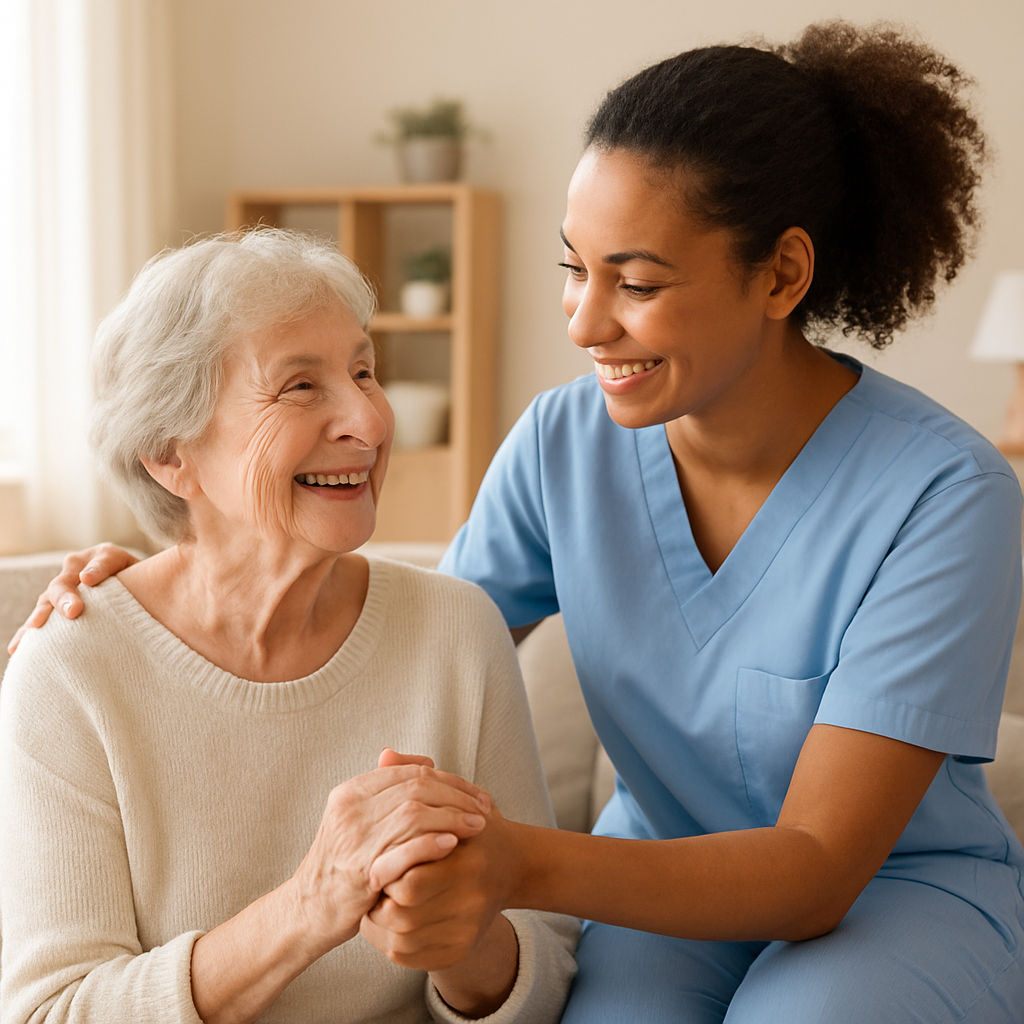 Smiling caregiver supporting a senior at home