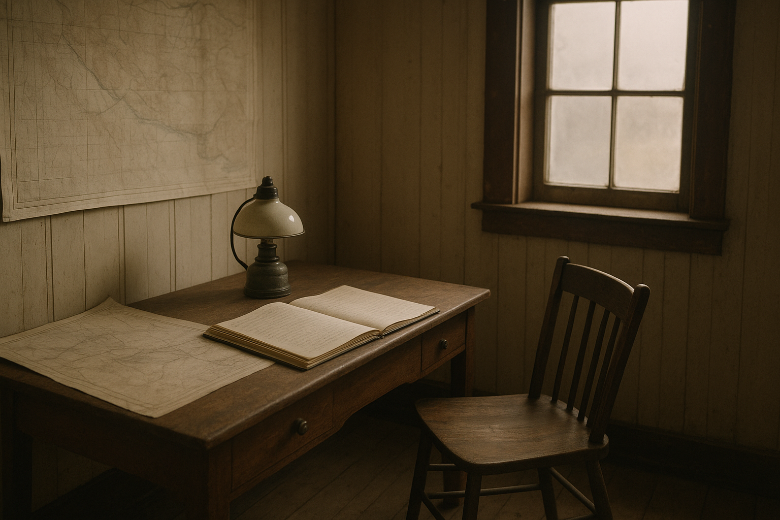 Quiet keeper quarters with wooden desk, logbook, and window light