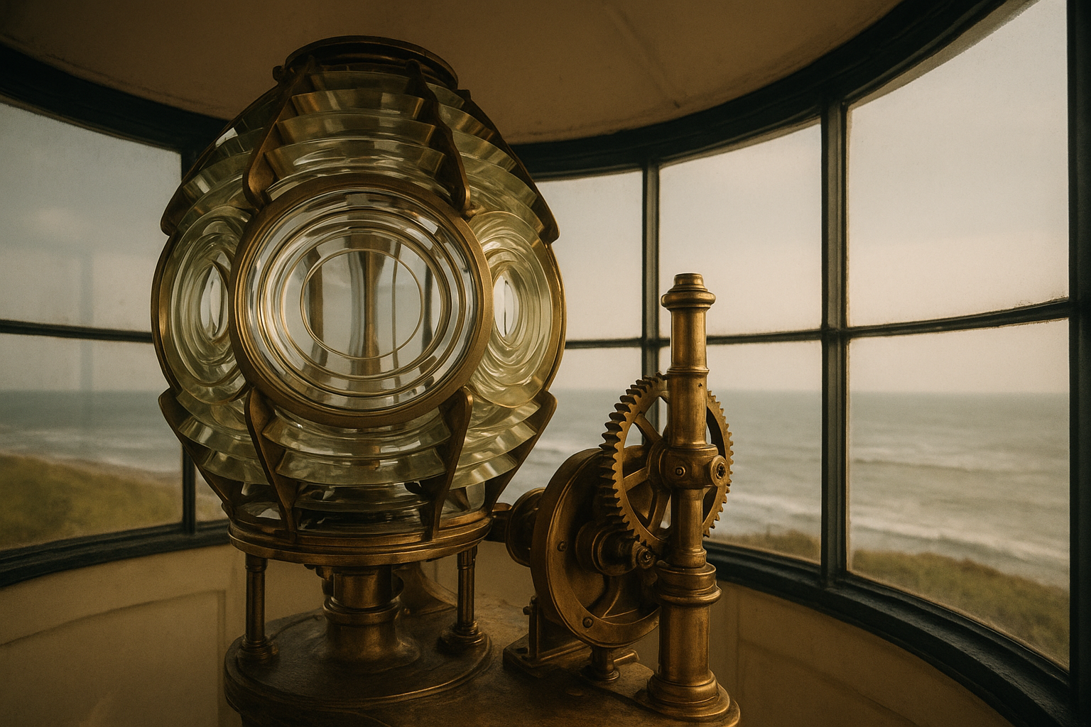 Interior lantern room with Fresnel lens and brass mechanisms