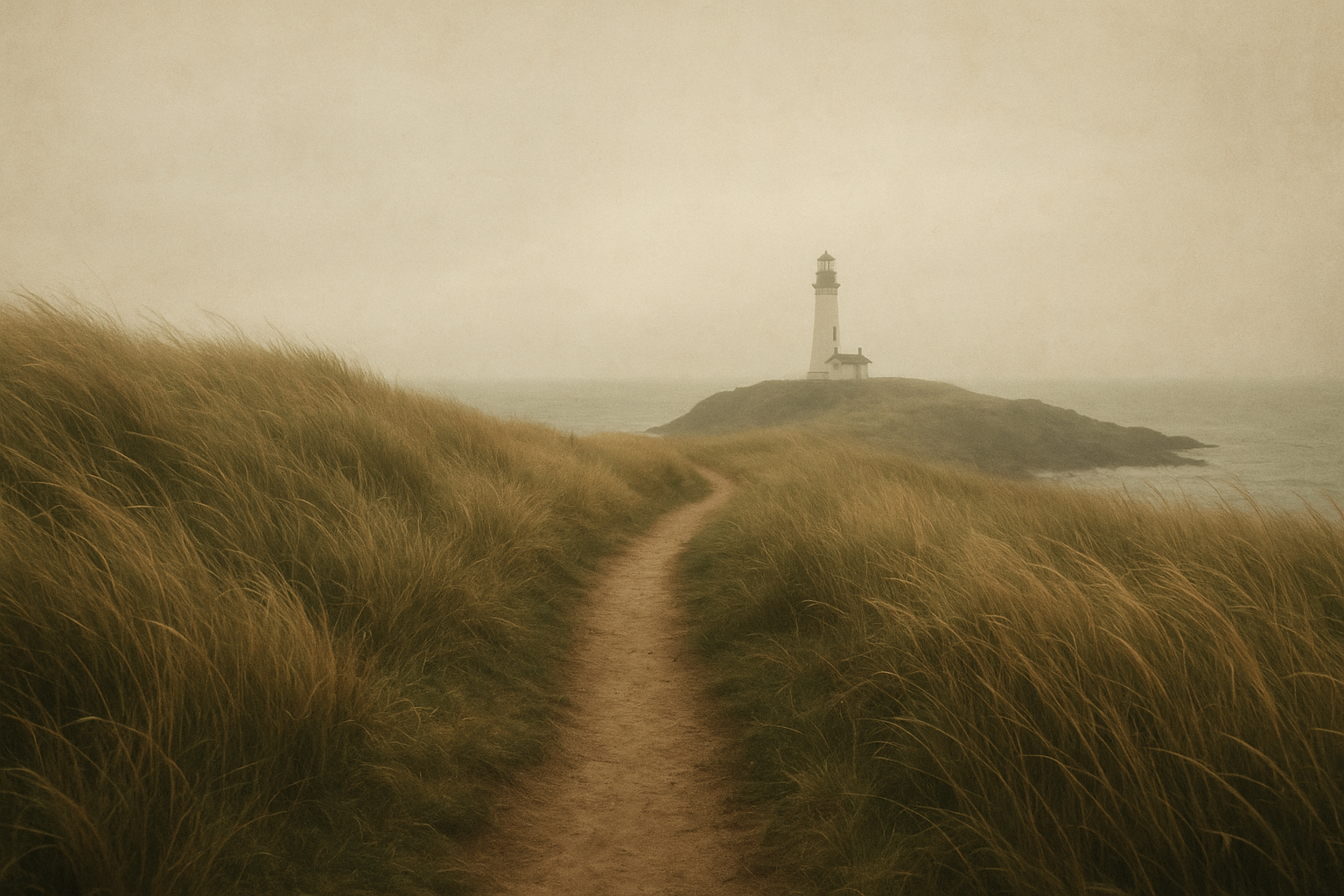 Narrow coastal path leading toward a lighthouse in sea mist