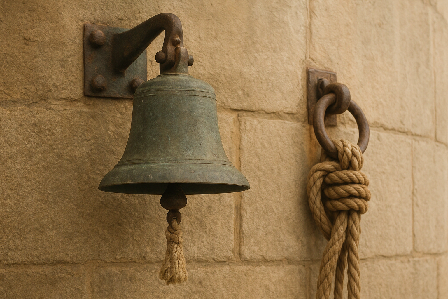 Historic signal bell and maritime hardware mounted beside tower wall
