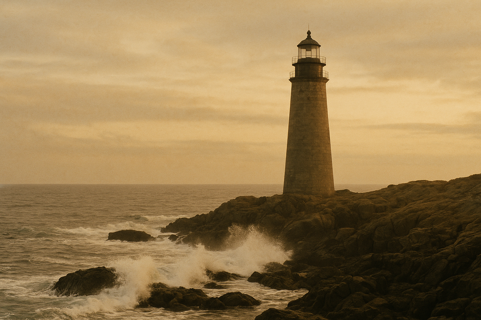 Wide archival photograph of a northern coast lighthouse exterior above rocky shoreline