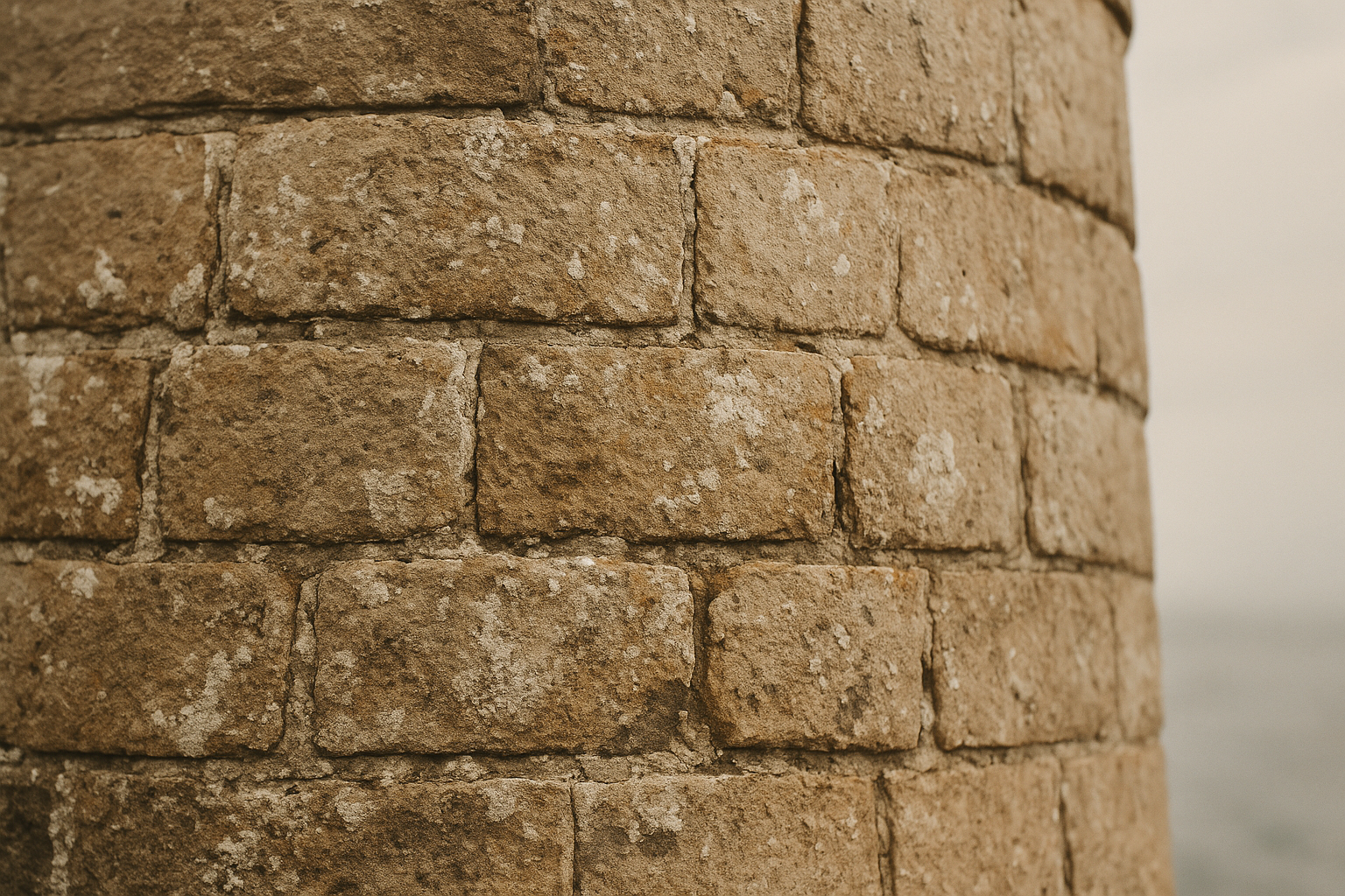 Close study of weathered lighthouse masonry with salt-worn stone texture