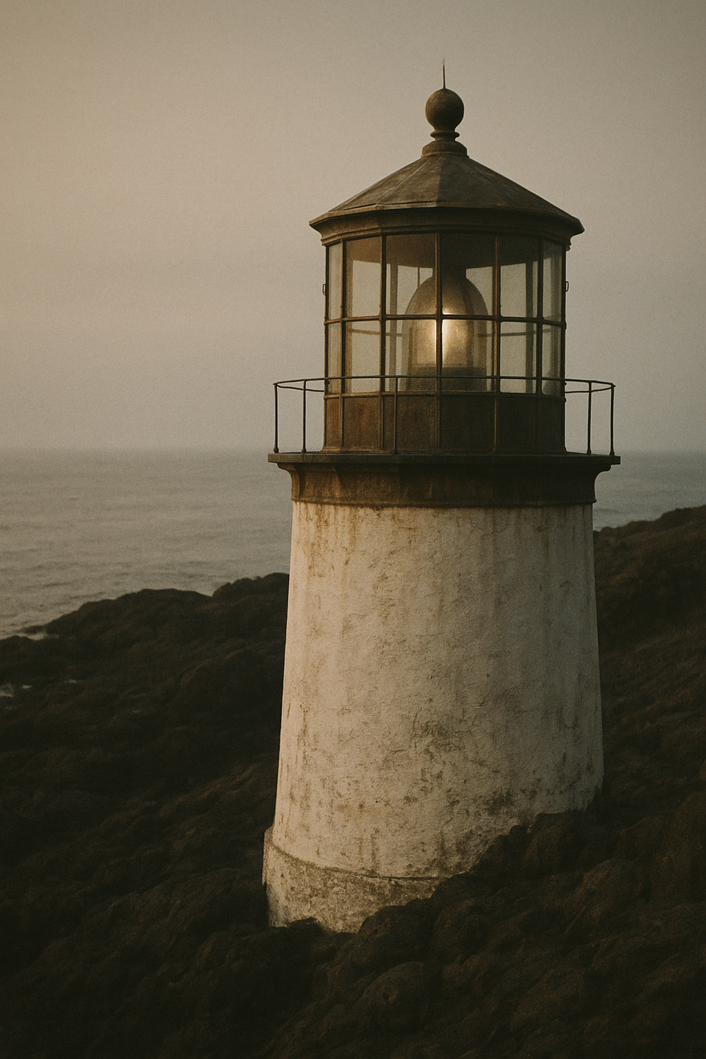 Close archival-style view of a lighthouse lantern room above a rocky northern shoreline at dusk