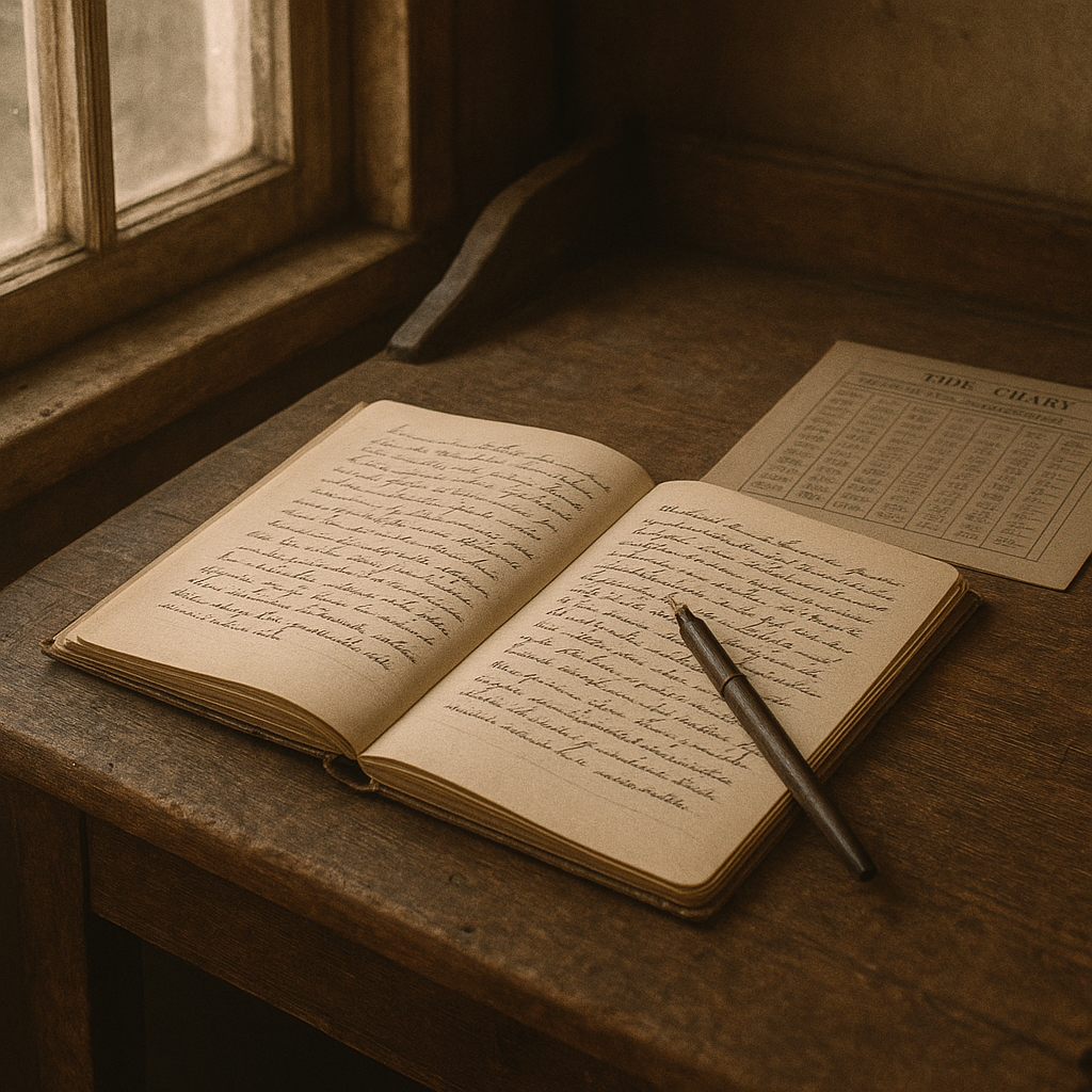 Archival close view of a weathered wooden desk with an open lighthouse journal, fountain pen, and tide notes by a small window