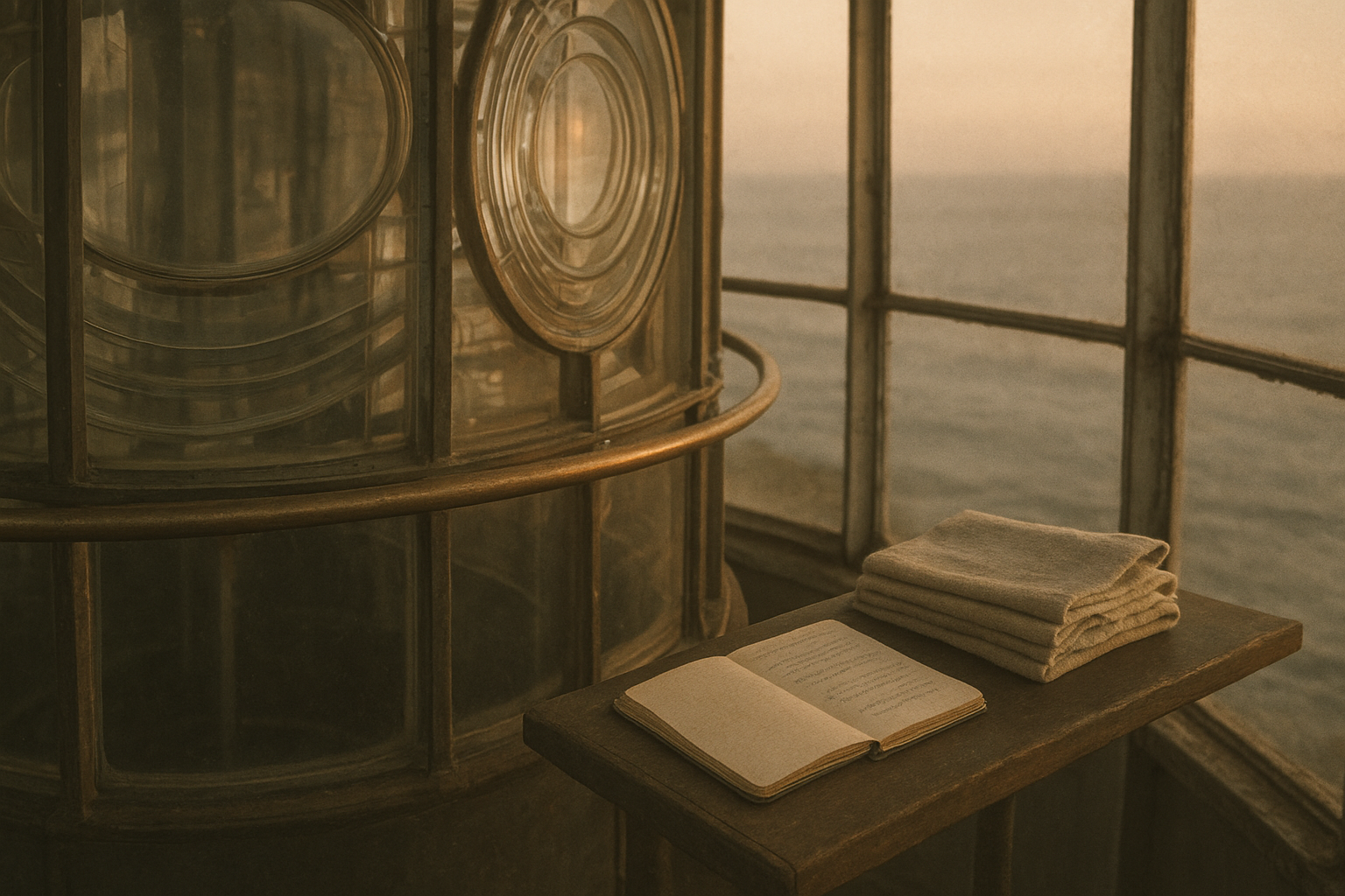 Warm archival photograph of a lighthouse lantern room interior with brass rail, glass panes, and a keeper's notebook beside cleaning cloths