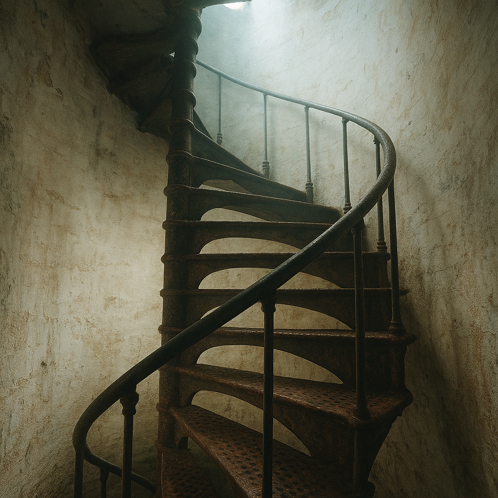 Moody archival photograph of a narrow iron spiral stairway inside a lighthouse tower with worn treads and salt-weathered walls