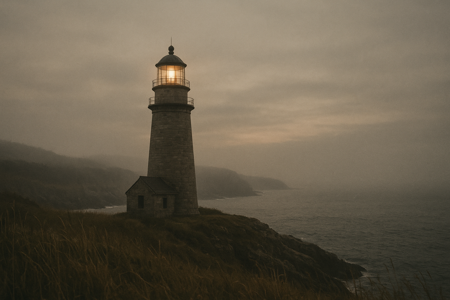 Wide cinematic view of a historic stone lighthouse on the northern coast at dusk, with windswept grass in the foreground, dark calm sea, layered coastal cliffs, soft fog, and warm film-like tones