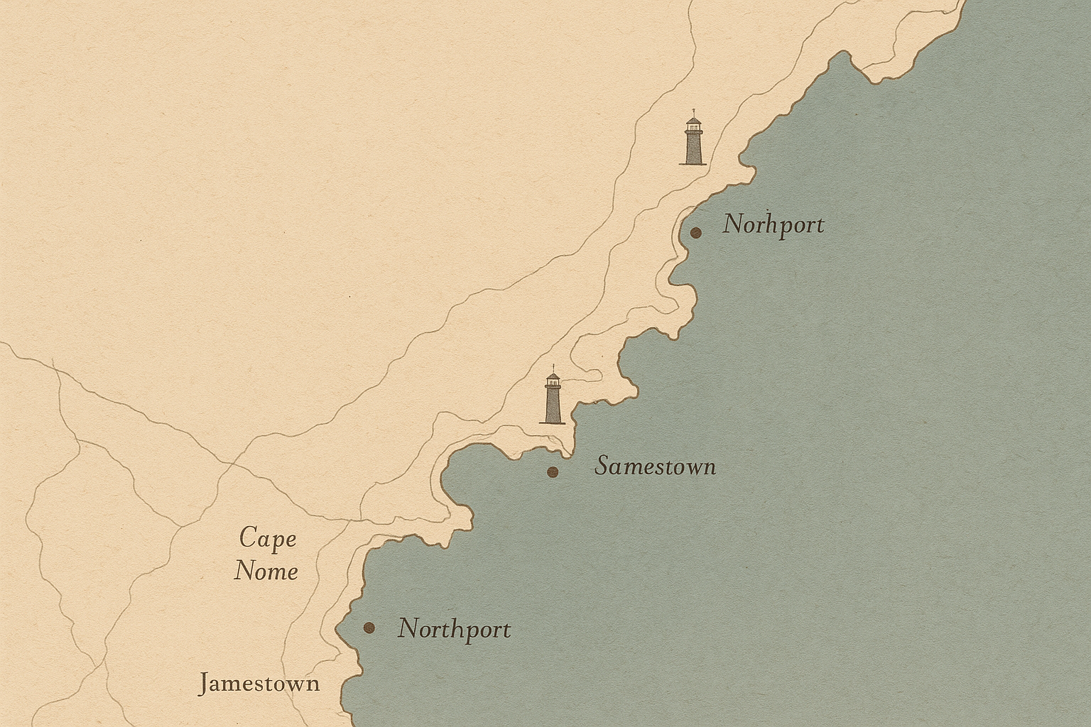 Archival-style coastal map panel of the northern shoreline with preserved lighthouse markers, route lines, and understated place captions