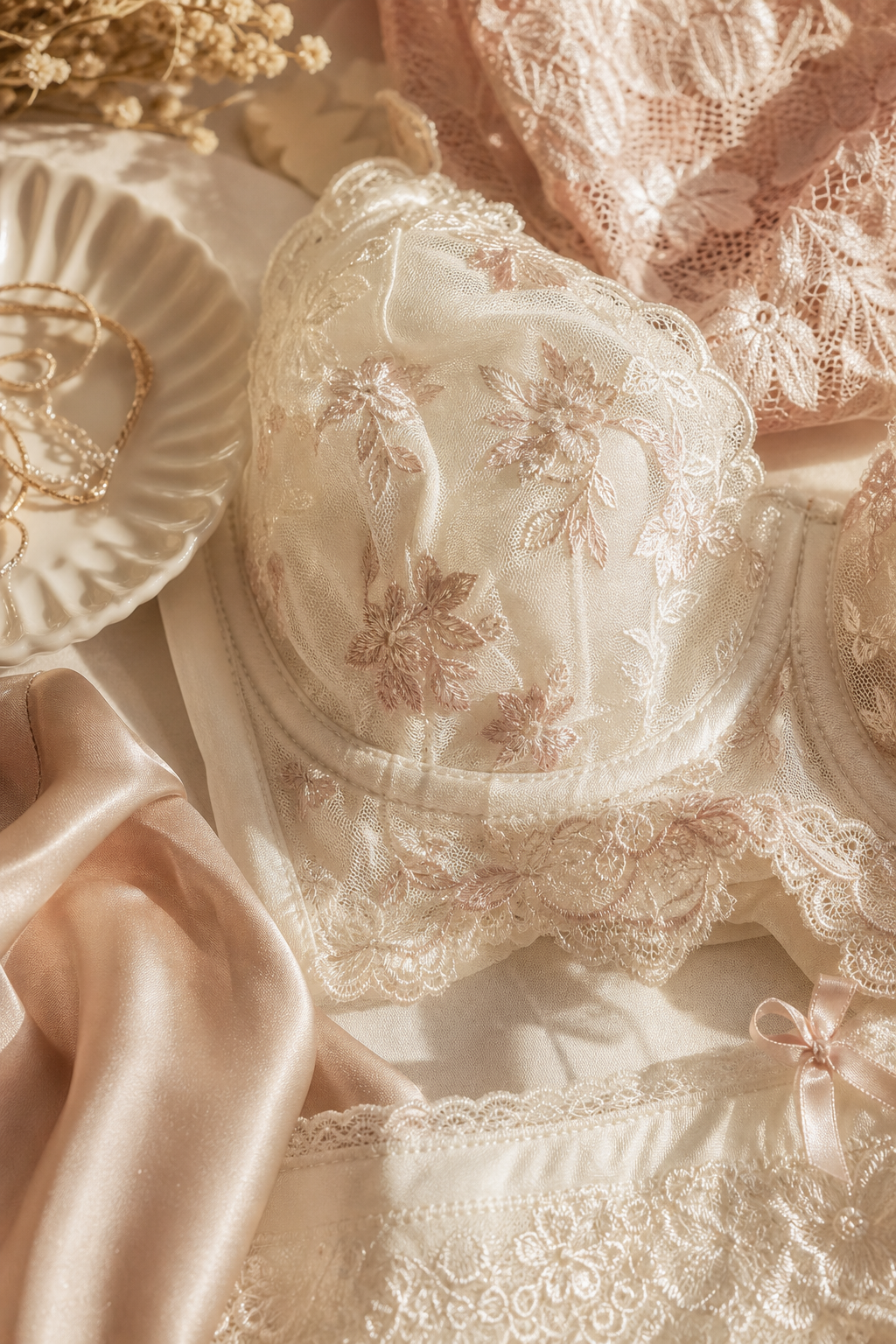 Close-up boutique lingerie fabric styling with delicate lace texture, soft folds, and refined handcrafted details