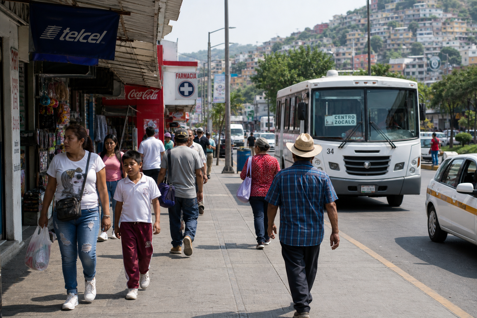 Escena cotidiana urbana en Guerrero con peatones, transporte local y actividad comercial diurna