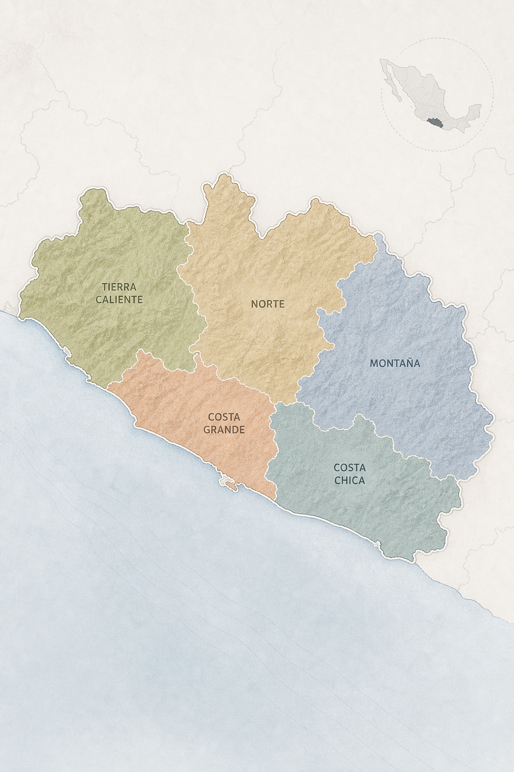 Mapa conceptual del estado de Guerrero con división regional editorial
