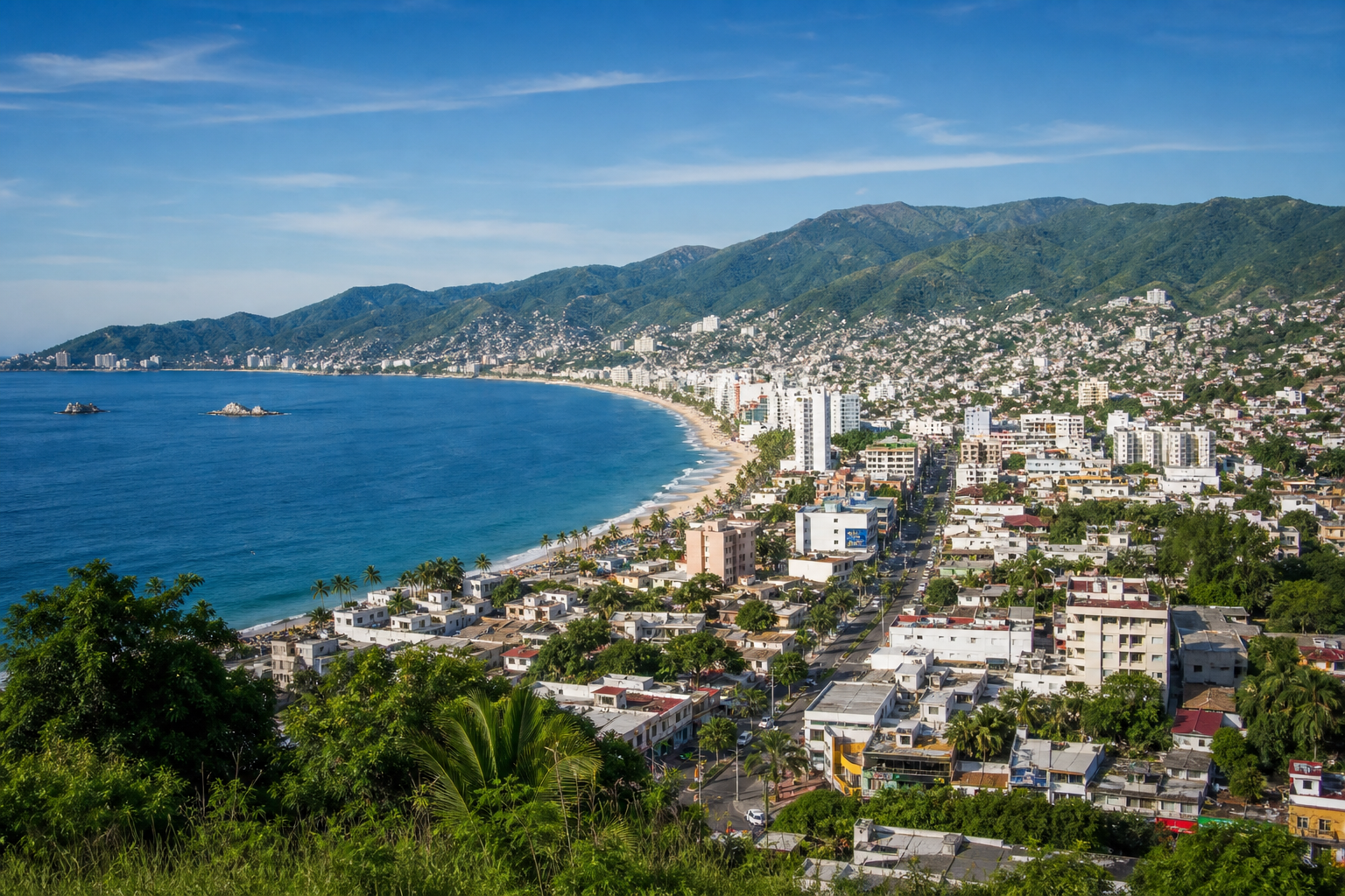 Vista documental de Guerrero con franja costera del Pacífico, zona urbana regional y relieve montañoso al fondo en luz natural