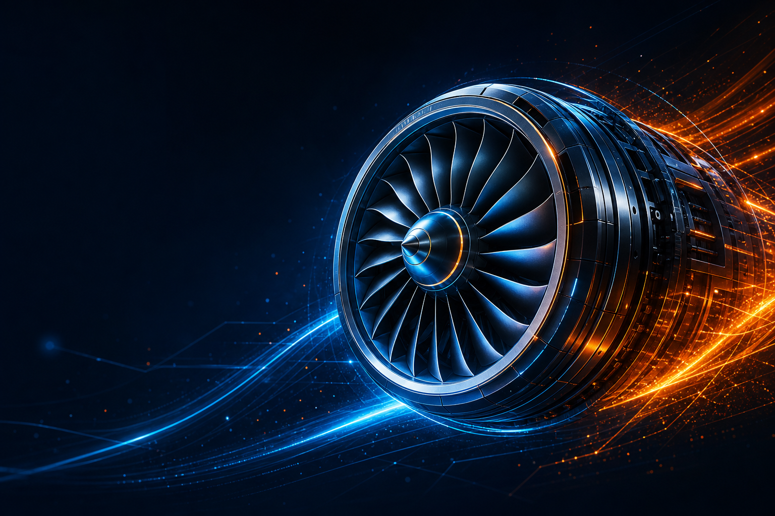 Large stylized turbine propulsion illustration with metallic blades, electric blue and hot orange energy trails, and subtle sparks in a premium futuristic vector style